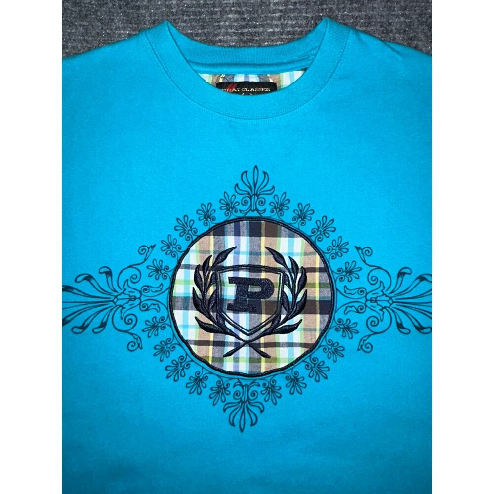 Phat Classics Men's XL Turquoise Plaid Logo Short Sleeve Hip Hop Y2K 90's Shirt